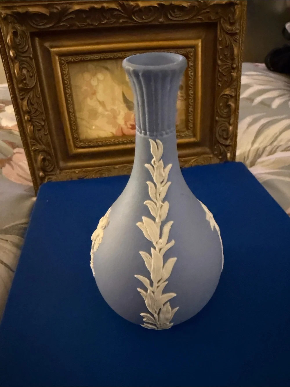 Vintage Wedgwood Blue Jasperware Cherub Bud Vase - 5.25